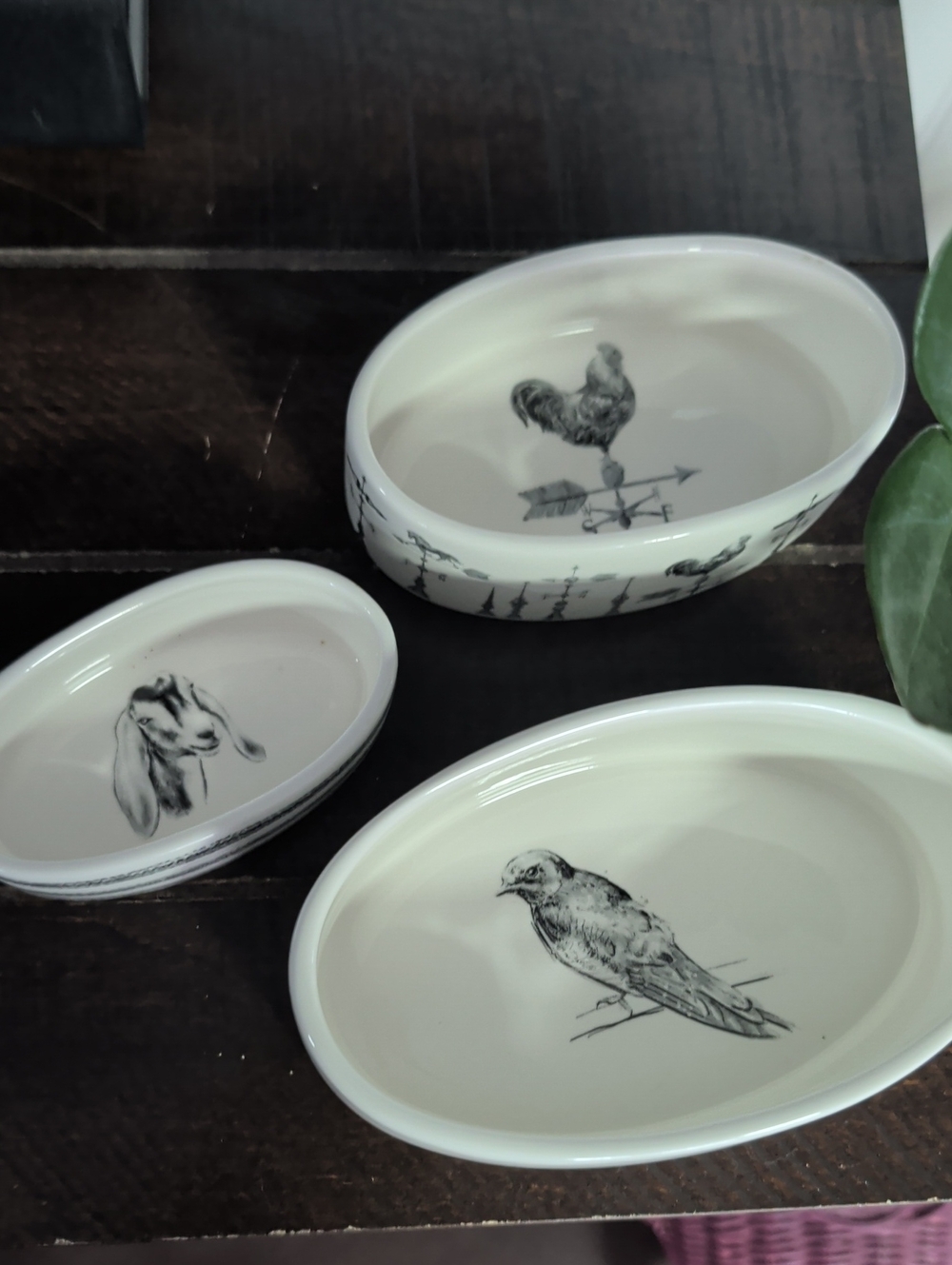 Creative Co-Op White Ceramic Nesting Oval Dishes with Black Animal Sketches